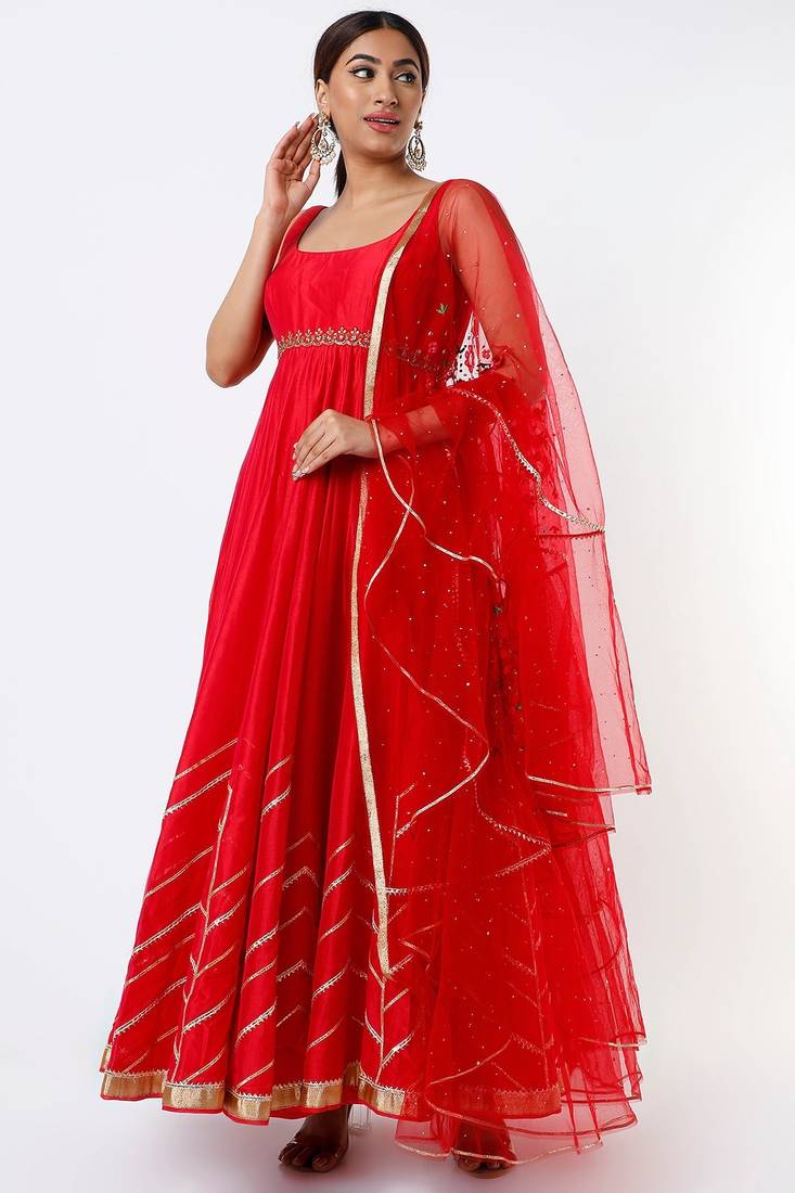 Red chanderi silk gota work anarkali salwar kameez