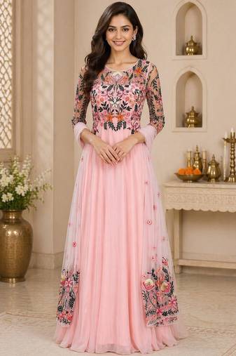 Pink georgette thread and beads work anarkali salwar kameez