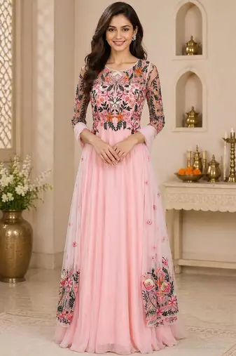 Pink georgette thread and beads work anarkali salwar kameez