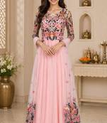 Pink georgette thread and beads work anarkali salwar kameez
