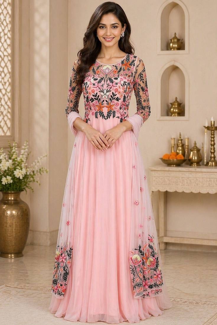 Pink georgette thread and beads work anarkali salwar kameez
