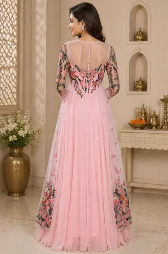 Pink georgette thread and beads work anarkali salwar kameez