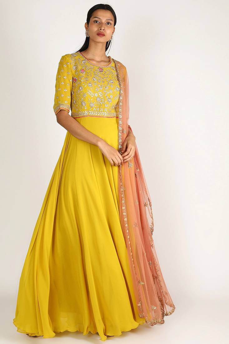 Mustard yellow georgette hand embroidery anarkali salwar kameez