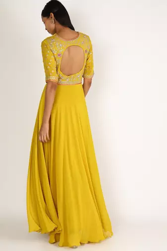 Mustard yellow georgette hand embroidery anarkali salwar kameez