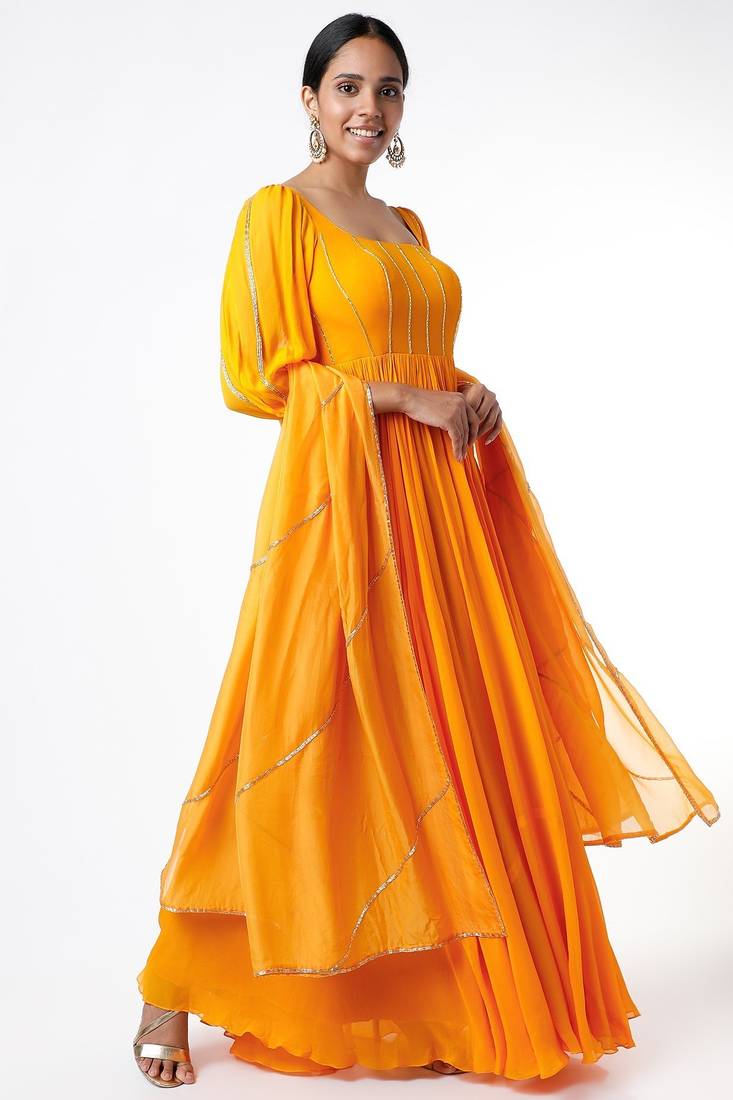 Orange yellow georgette hand embroidery anarkali salwar kameez