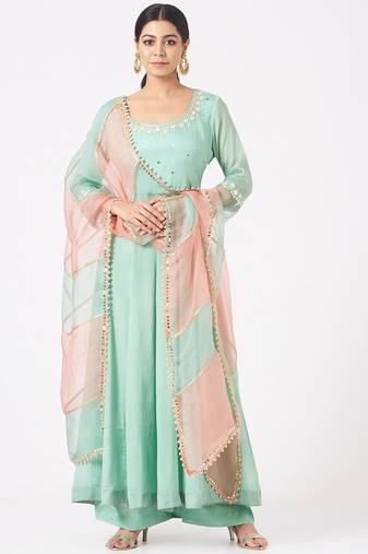 Powder blue chinon silk mirror work anarkali salwar kameez