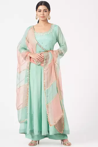 Powder blue chinon silk mirror work anarkali salwar kameez