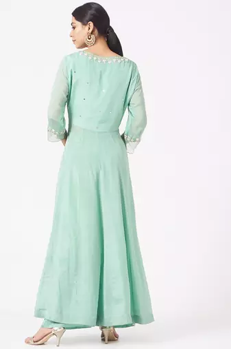 Powder blue chinon silk mirror work anarkali salwar kameez