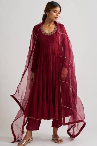 Wine chanderi silk zari & gota work anarkali salwar kameez