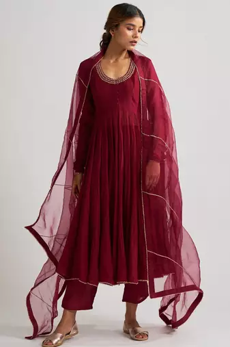 Wine chanderi silk zari & gota work anarkali salwar kameez