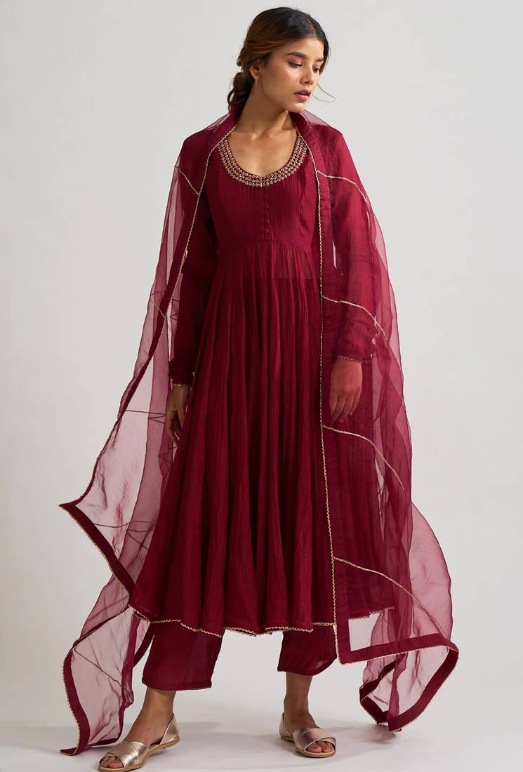 Wine chanderi silk zari & gota work anarkali salwar kameez