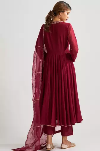 Wine chanderi silk zari & gota work anarkali salwar kameez
