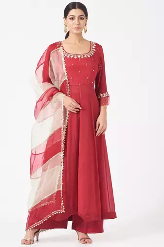 Maroon red chinon silk mirror work anarkali salwar kameez