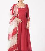 Maroon red chinon silk mirror work anarkali salwar kameez