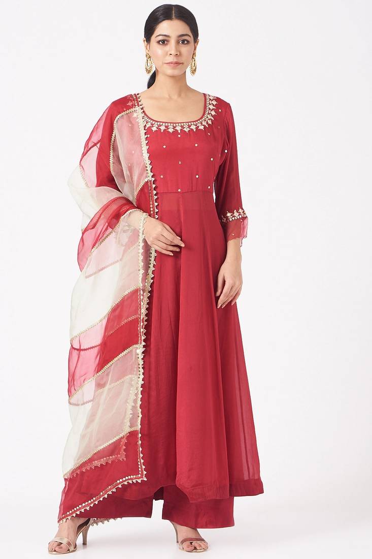 Maroon red chinon silk mirror work anarkali salwar kameez