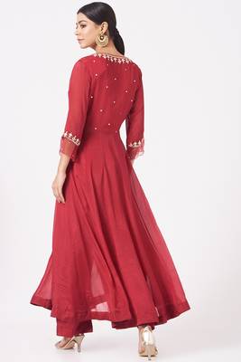 Maroon red chinon silk mirror work anarkali salwar kameez 2