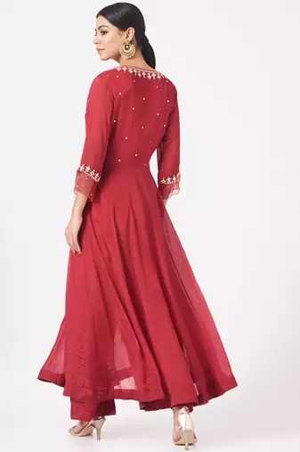 Maroon red chinon silk mirror work anarkali salwar kameez