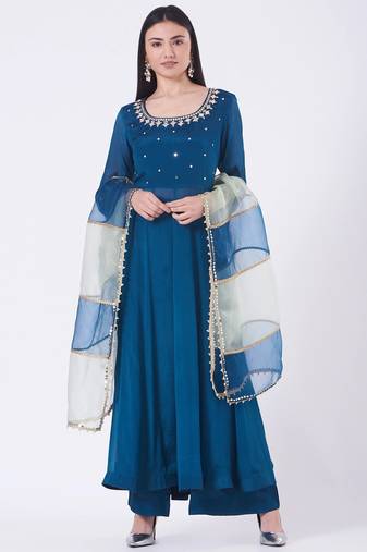 Blue chinon silk mirror work anarkali salwar kameez