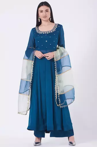 Blue chinon silk mirror work anarkali salwar kameez