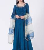 Blue chinon silk mirror work anarkali salwar kameez