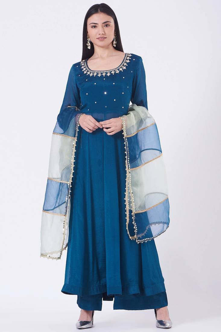 Blue chinon silk mirror work anarkali salwar kameez