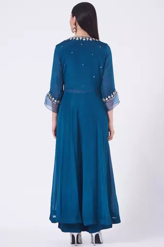 Blue chinon silk mirror work anarkali salwar kameez