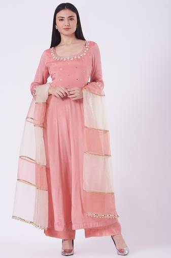 Pink chinon silk mirror work anarkali salwar kameez