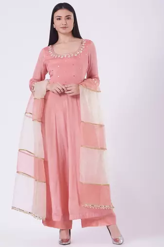 Pink chinon silk mirror work anarkali salwar kameez