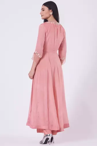 Pink chinon silk mirror work anarkali salwar kameez