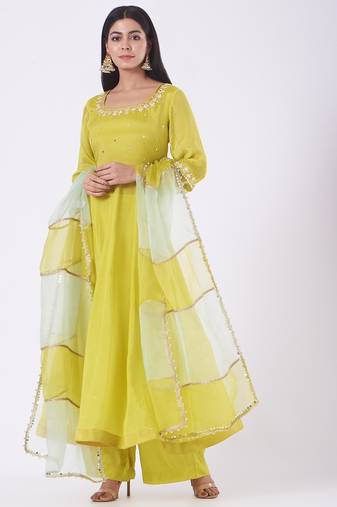 Greenish yellow chinon silk mirror work anarkali salwar kameez