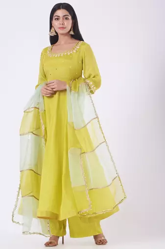 Greenish yellow chinon silk mirror work anarkali salwar kameez
