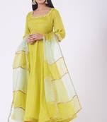 Greenish yellow chinon silk mirror work anarkali salwar kameez