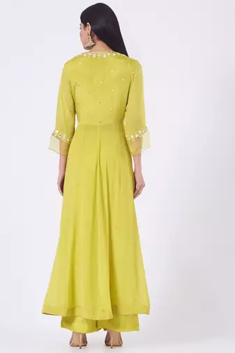 Greenish yellow chinon silk mirror work anarkali salwar kameez