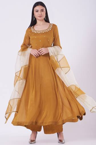 Coppor brown chinon silk mirror work anarkali salwar kameez