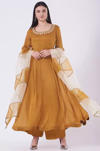 Coppor brown chinon silk mirror work anarkali salwar kameez