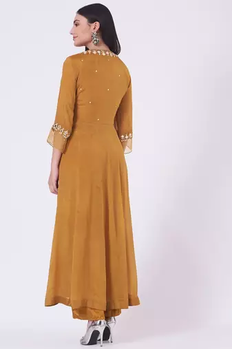 Coppor brown chinon silk mirror work anarkali salwar kameez