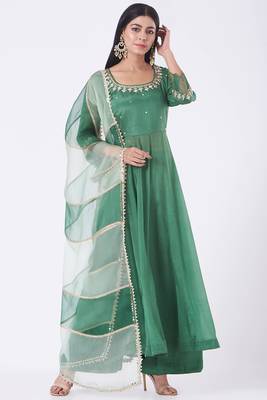 Emrald green chinon silk mirror work anarkali salwar kameez 1