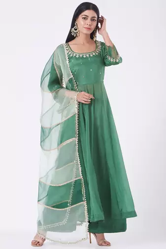 Emrald green chinon silk mirror work anarkali salwar kameez
