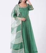 Emrald green chinon silk mirror work anarkali salwar kameez