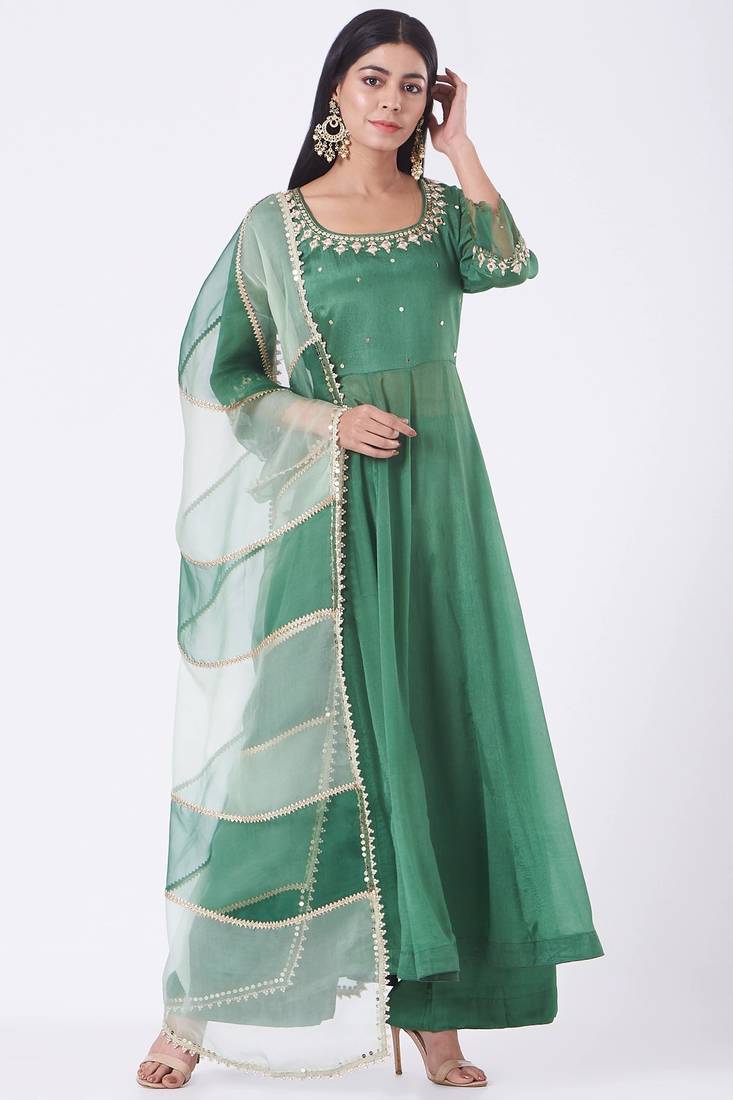 Emrald green chinon silk mirror work anarkali salwar kameez