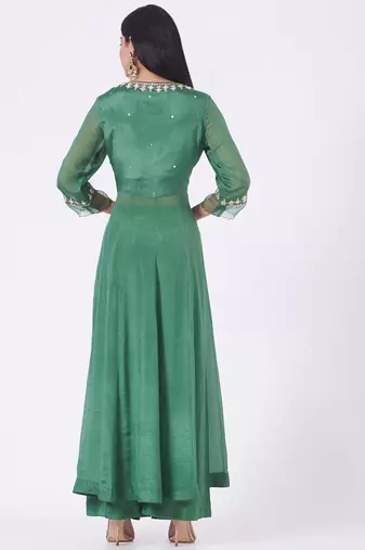 Emrald green chinon silk mirror work anarkali salwar kameez