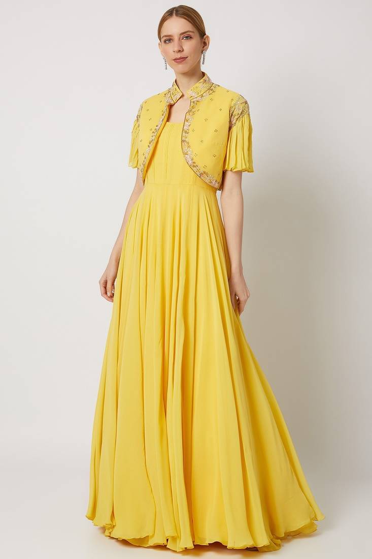 Yellow georgette hand embroidery anarkali salwar kameez