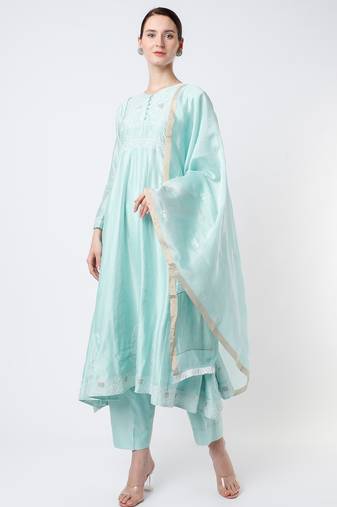Light blue chinon silk thread embroidery anarkali salwar kameez
