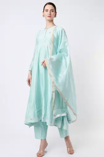 Light blue chinon silk thread embroidery anarkali salwar kameez