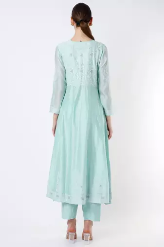 Light blue chinon silk thread embroidery anarkali salwar kameez