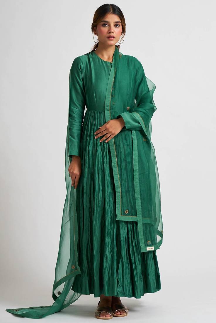 Emrald green cotton silk dori work anarkali salwar kameez