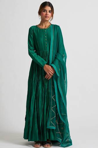 Emrald green cotton silk dori work anarkali salwar kameez