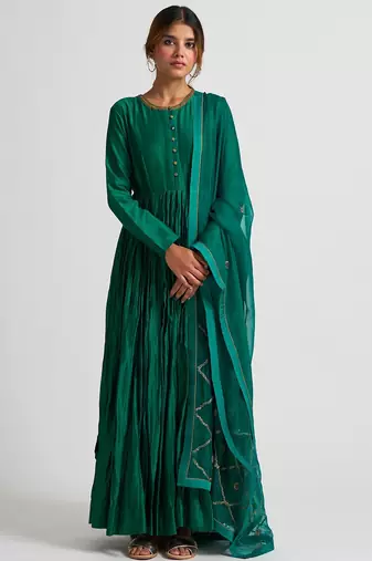 Emrald green cotton silk dori work anarkali salwar kameez