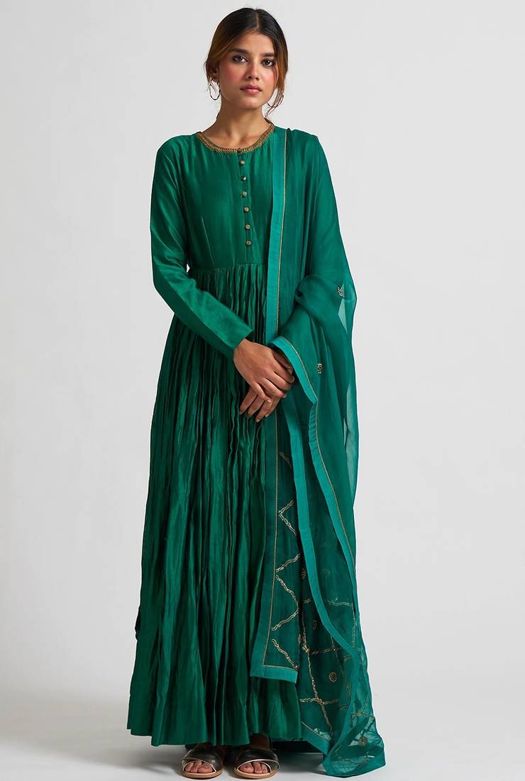 Emrald green cotton silk dori work anarkali salwar kameez