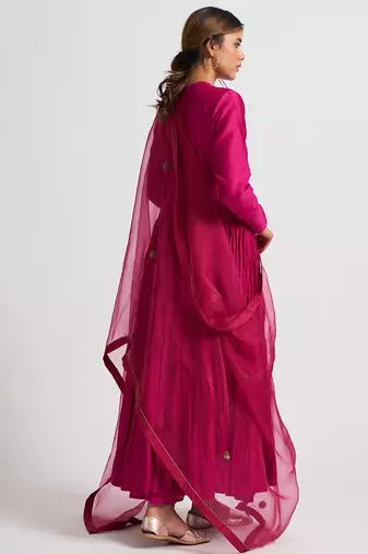 Magenta pink cotton silk dori work anarkali salwar kameez